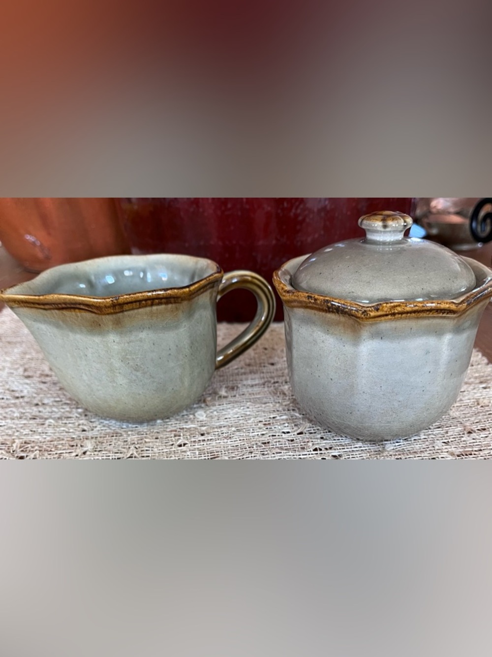 Stoneware Cream Sugar Bowl and Creamer Set with Brown Rim